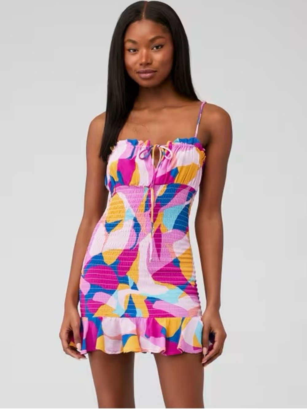 FLYNN SKYE Smocked Ruffle-Hem Mini Dress